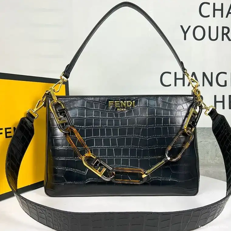 Crocodile Shoulder Fendi Black O'Lock Zip Bag Leather In 0509